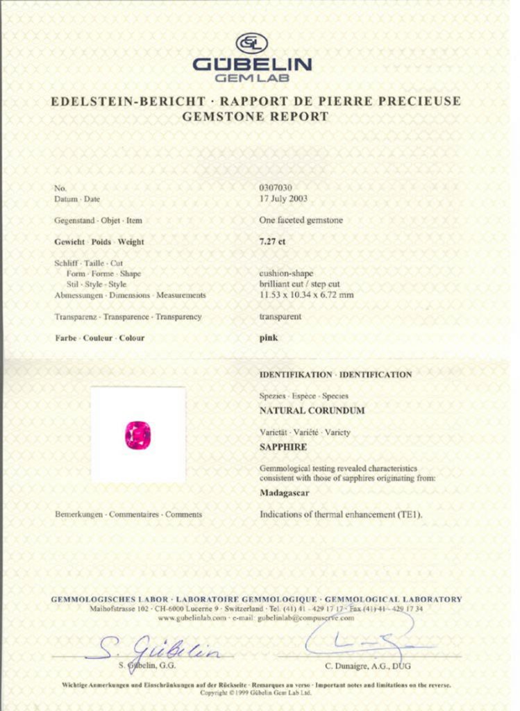 Gubelin certificate heated sapphire